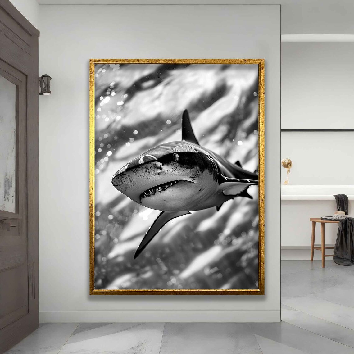 Great White Shark Black And White Underwater Portrait Ocean Wall Art - Image 4