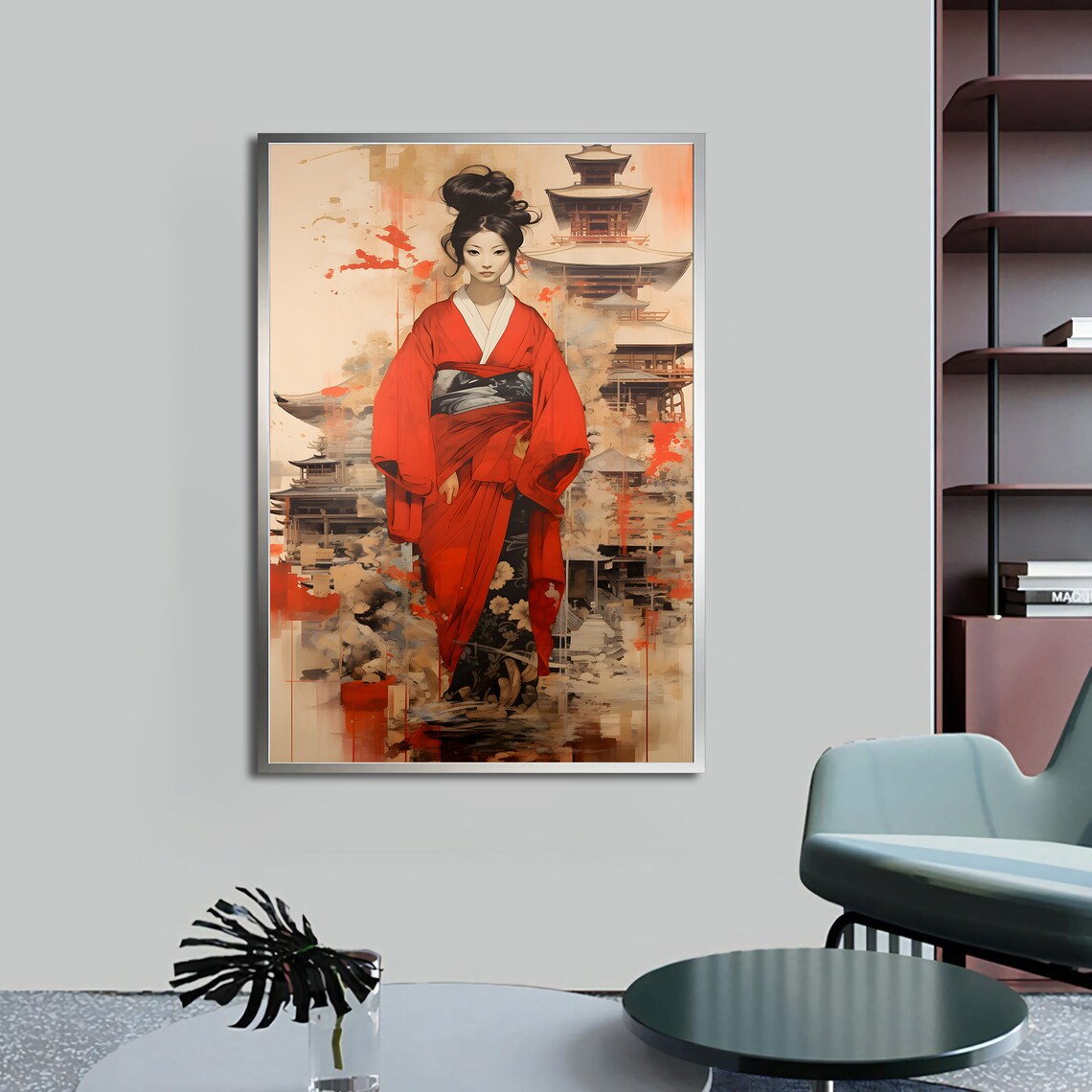 Japanese Geisha Red Kimono Pagoda Watercolor Traditional Art Poster - Image 4