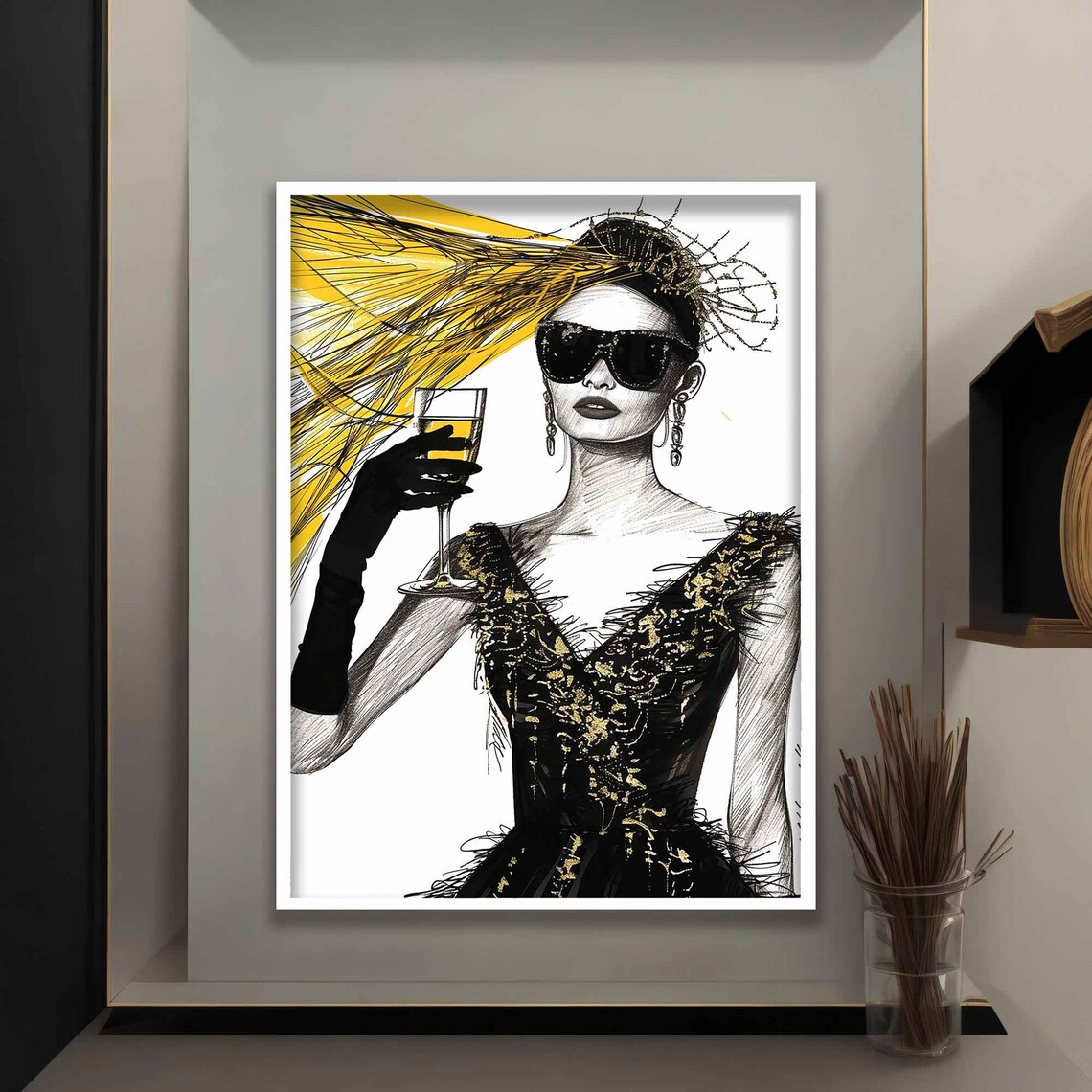 Fashion Sketch Woman Champagne Glamorous Black Gold Elegant Art Poster - Image 4