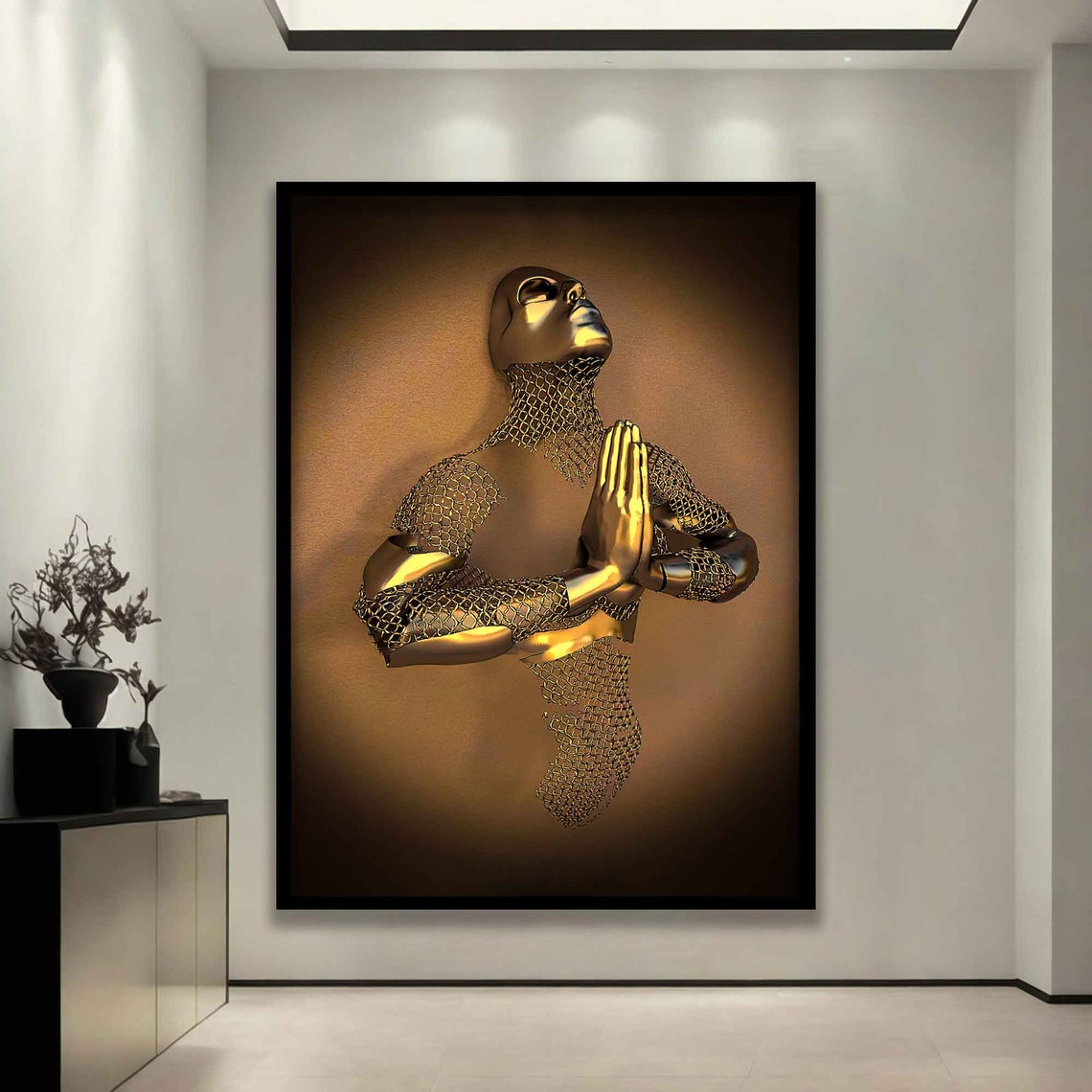 Golden Meditating Figure Chainmail Texture Warm Bronze Zen Art Poster - Image 3