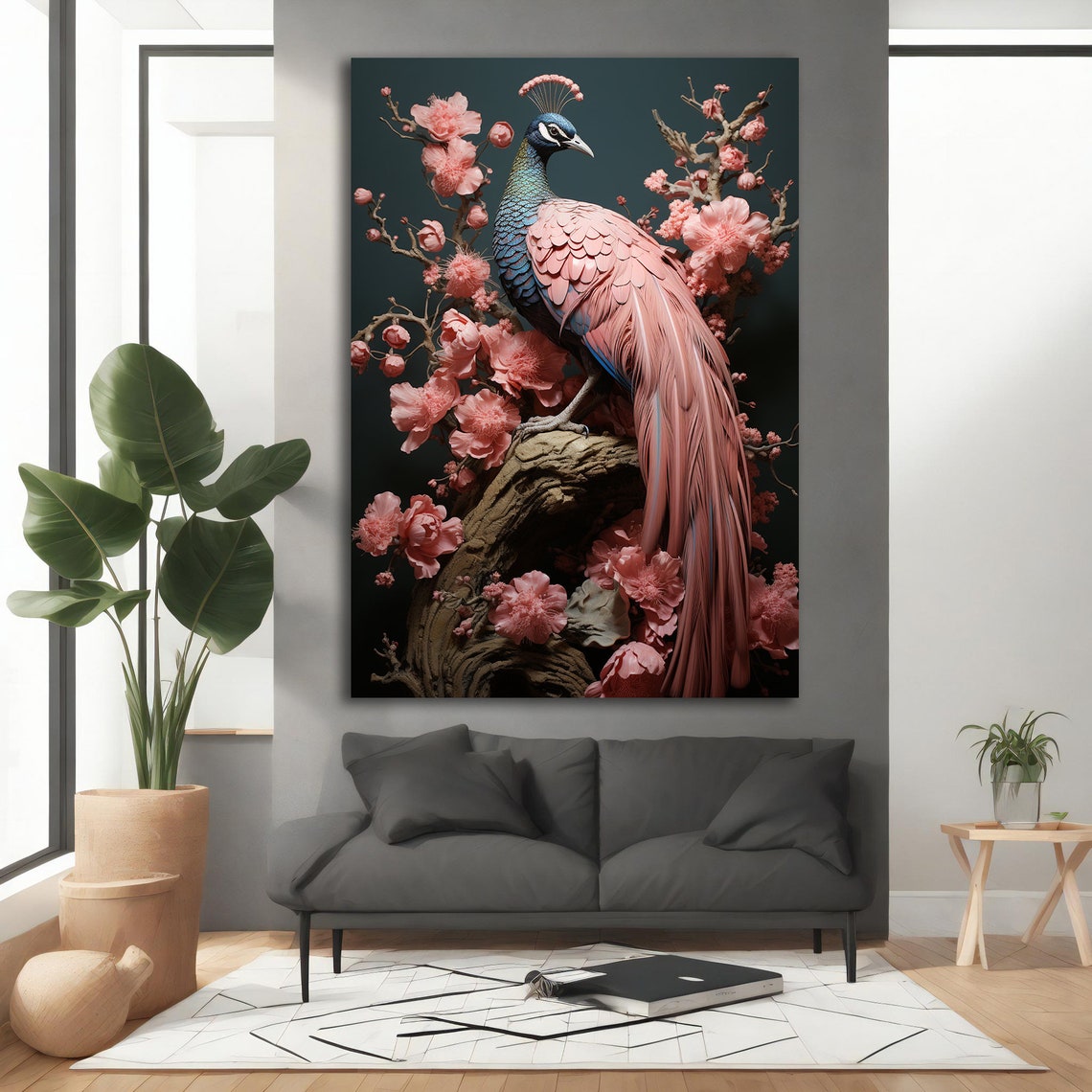 Pink Peacock Perched Cherry Blossom Branch Romantic Wall Art - Image 4