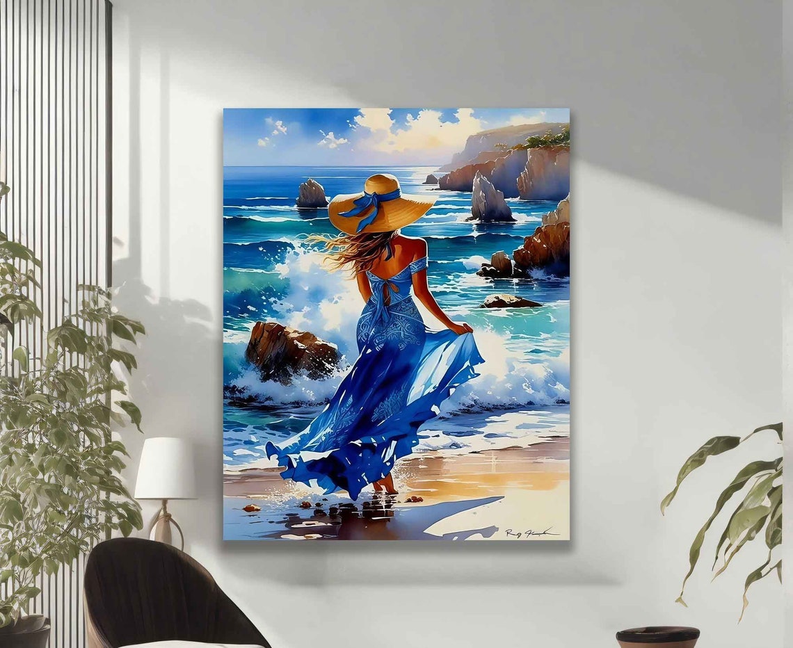 Beautiful Woman In Blue Dress Walking On The Beach Painting Woman With Her Back Turned Art Woman By The Sea Print - Image 2
