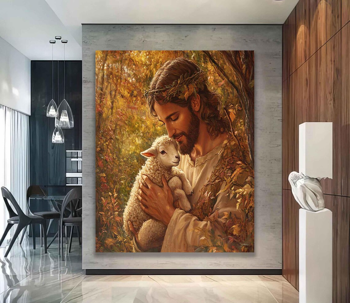Jesus Holding Lamb Crown Of Thorns Golden Forest Faith Christian Art Poster - Image 2