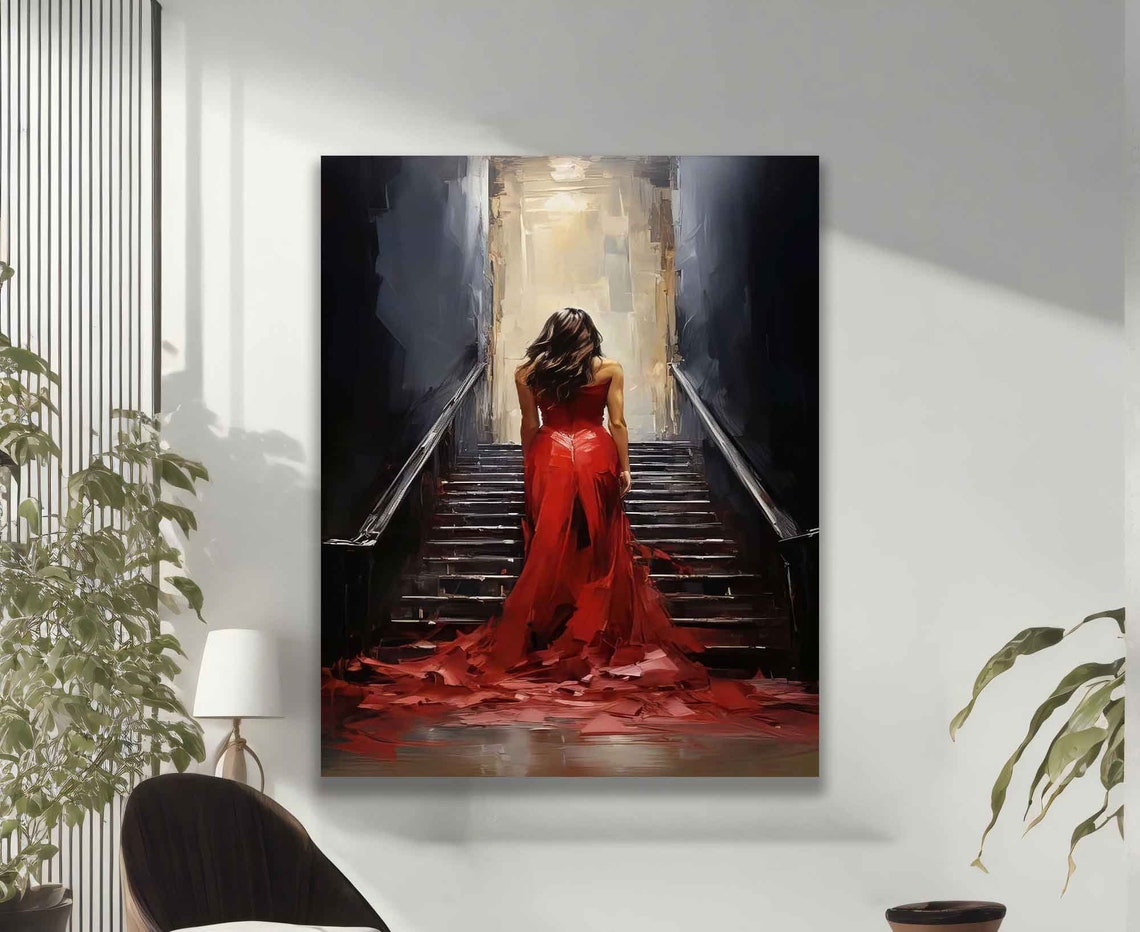 Woman In Red Dress Beautiful Woman Walking On The Stairs Wall Art Woman Poster Red Dress Print Woman Poster - Image 2