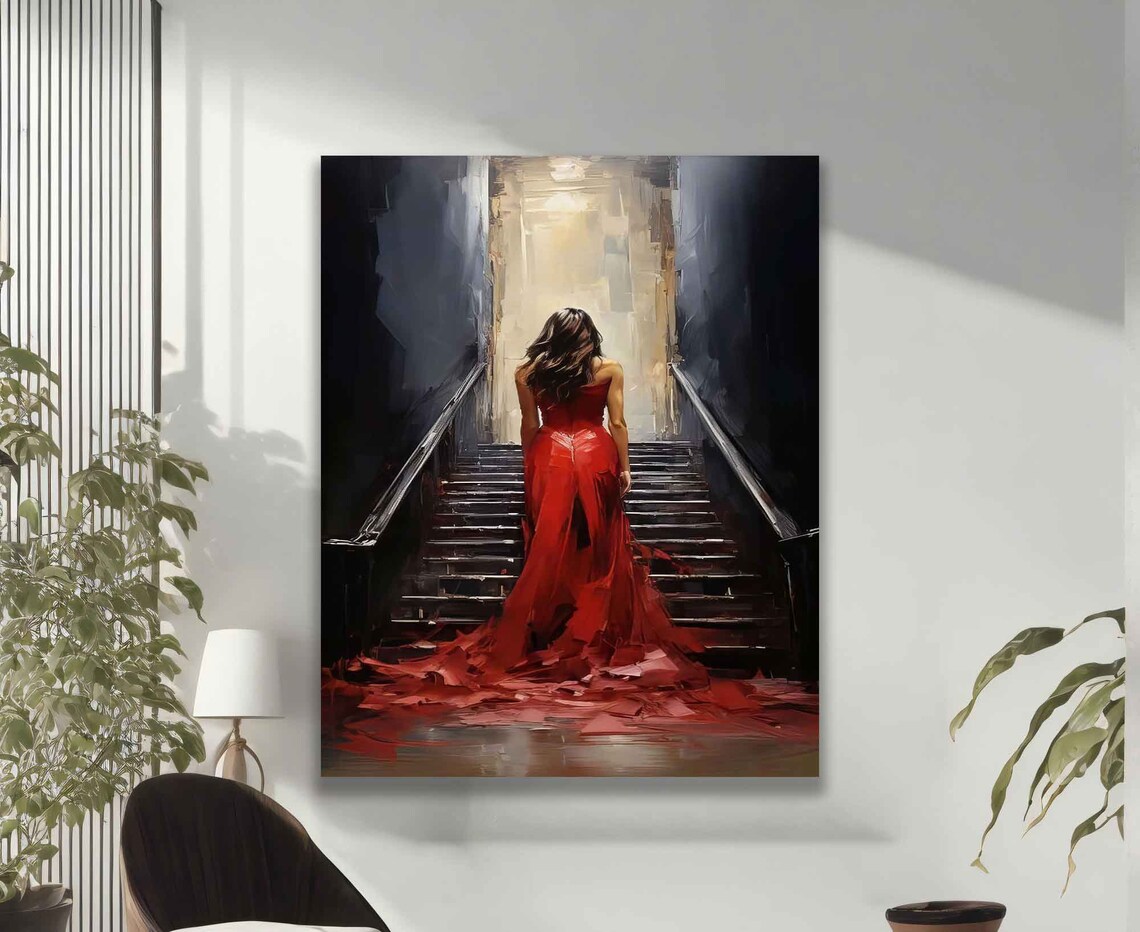 Woman in Red Gown Climbing Dark Staircase to Light Art Wall Poster - Image 2