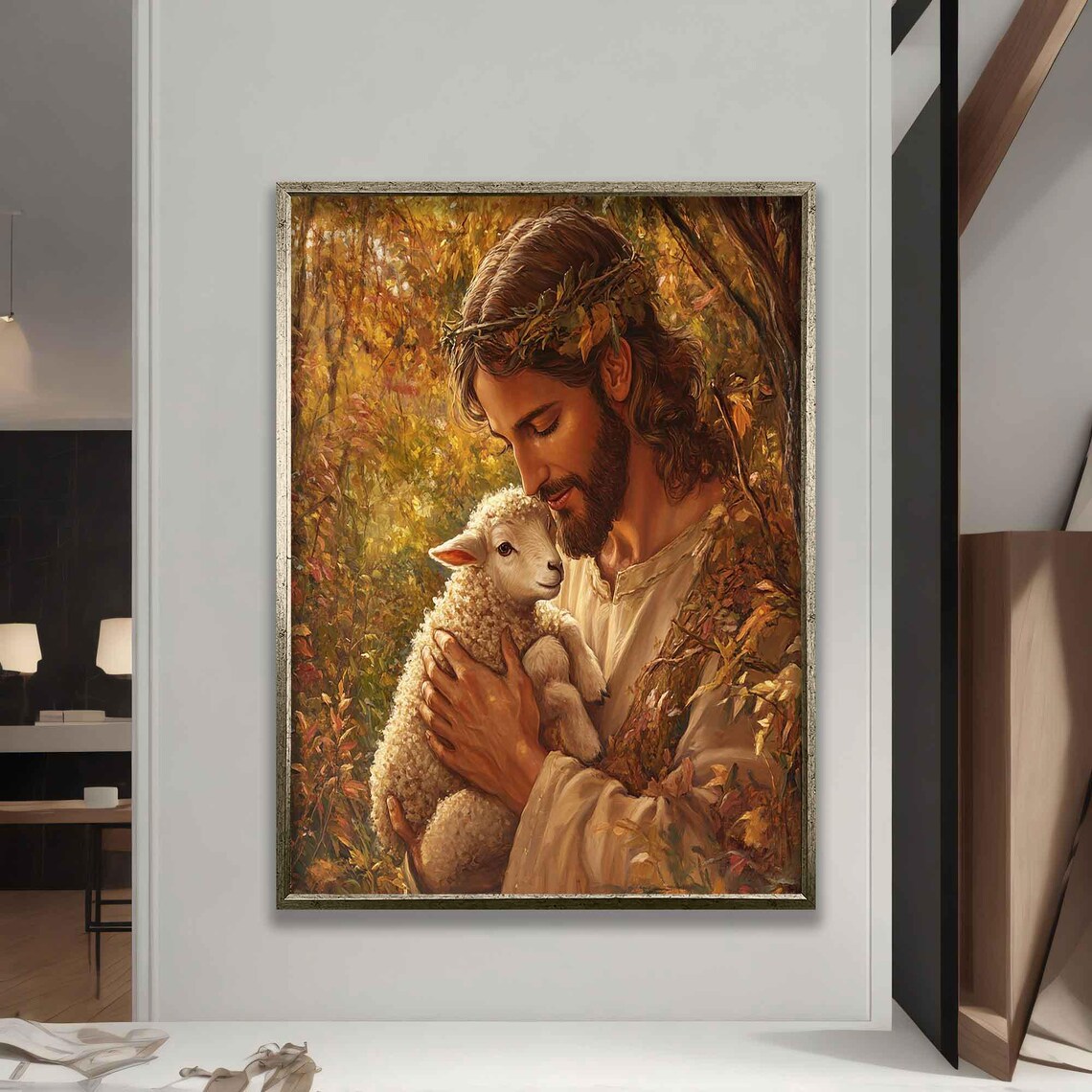 Jesus Holding Lamb Crown Of Thorns Golden Forest Faith Christian Art Poster