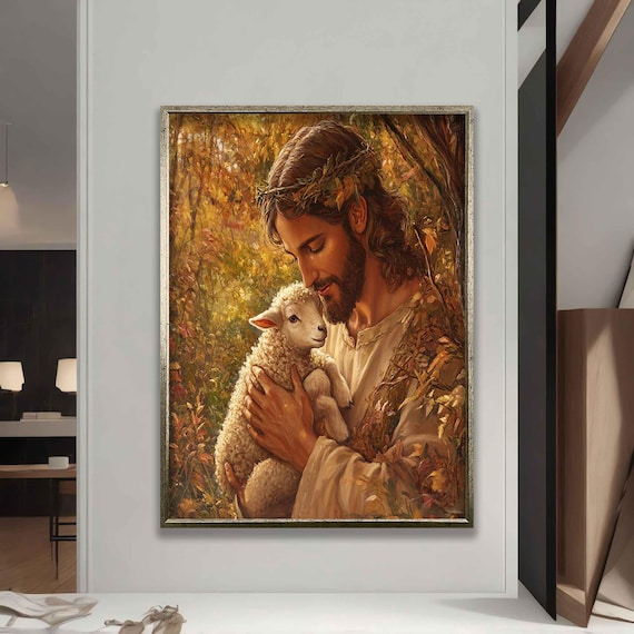 Jesus Holding Lamb Crown Of Thorns Golden Forest Faith Christian Art Poster