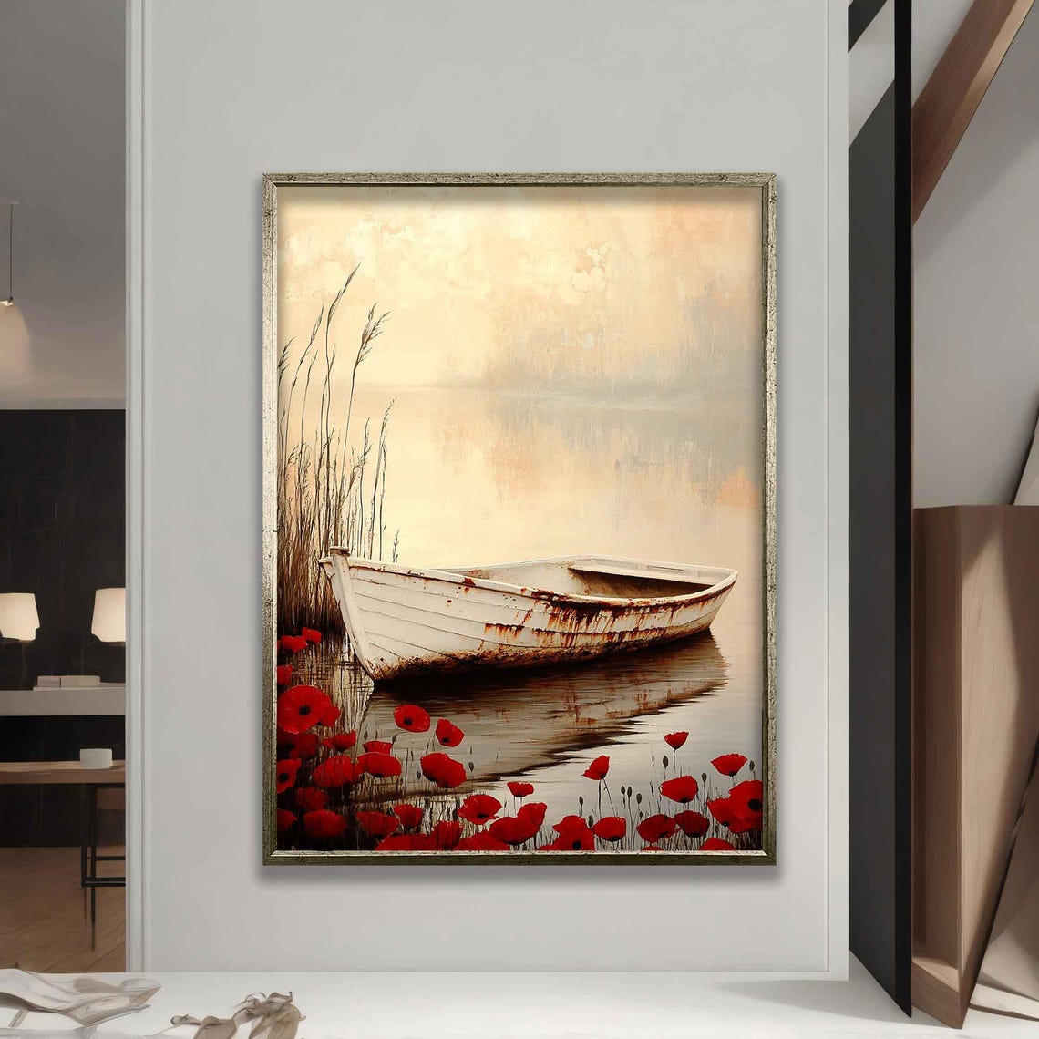 White Rowboat With Red Poppies Misty Lake Watercolor Serene Poster - Image 5