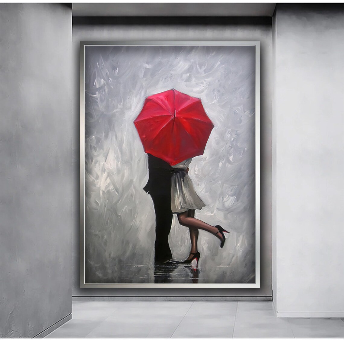 Couple Kissing Under Red Umbrella Romantic Rain Embrace Art Poster