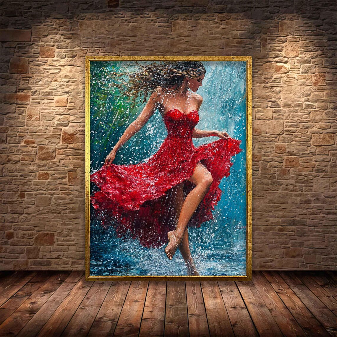 Dancing Woman Red Dress Rain Barefoot Joyful Impressionist Art Poster Print - Image 4