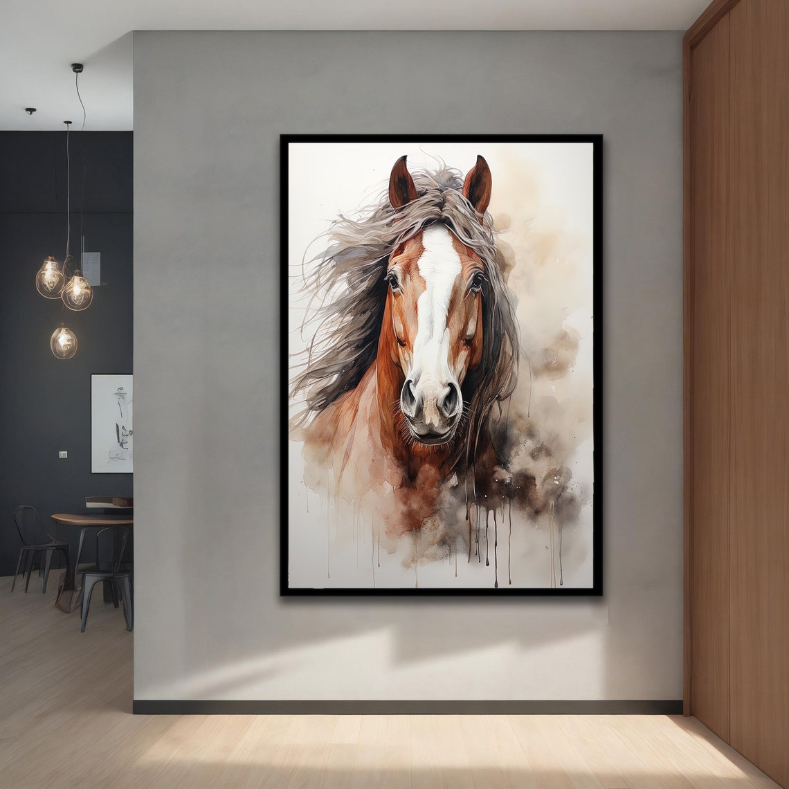 Chestnut Horse Head Watercolor Flowing Mane Elegant Wall Art