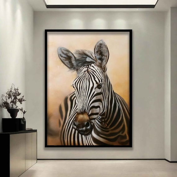 Zebra Portrait Striking Black White Stripes Warm Neutral Art Poster