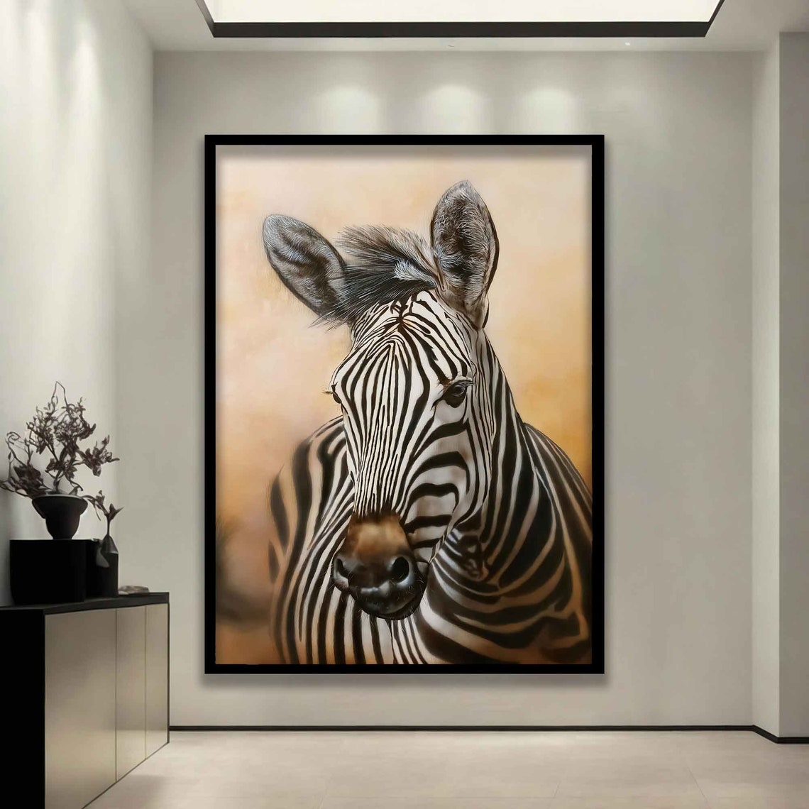 Zebra Portrait Striking Black White Stripes Warm Neutral Art Poster