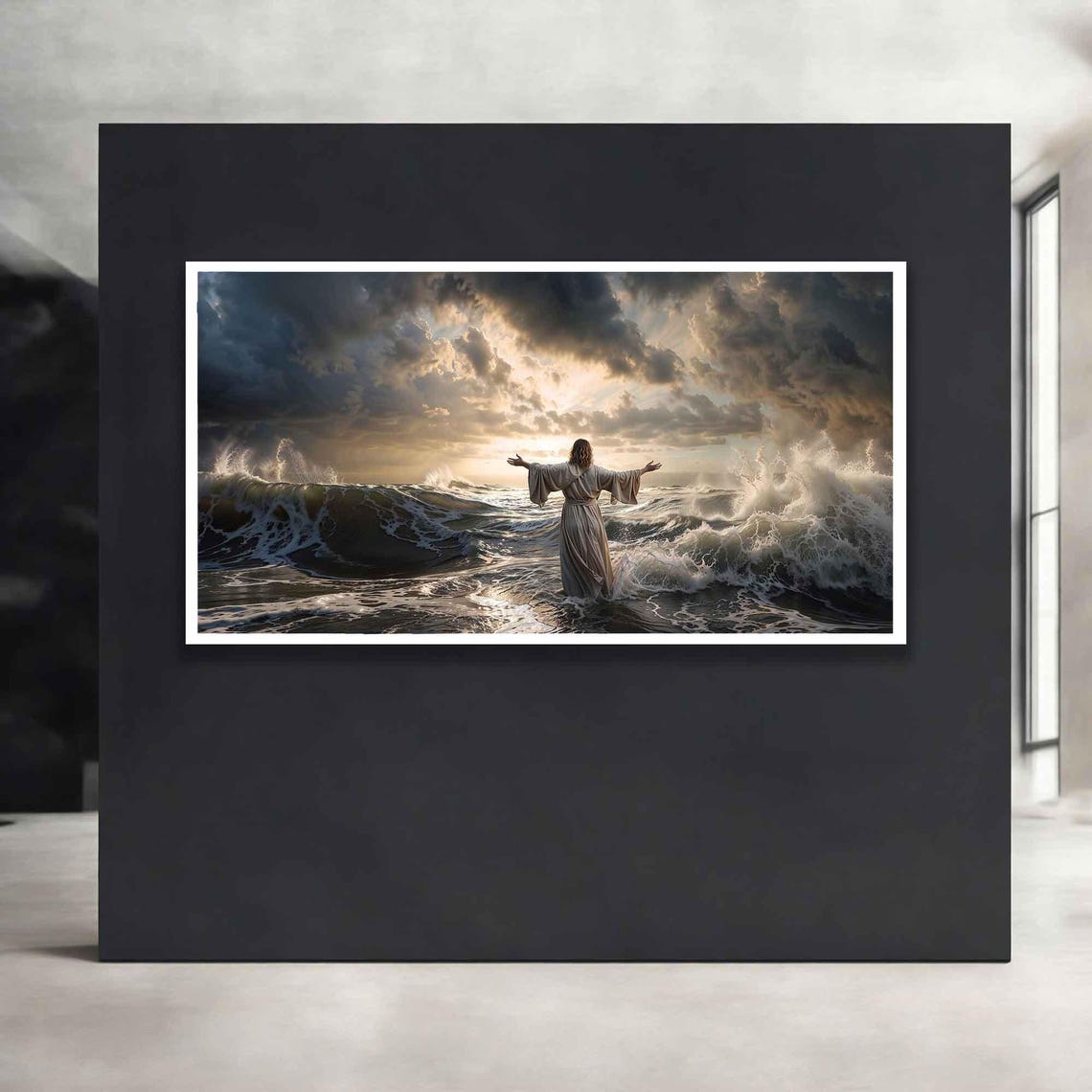 Jesus Calming Stormy Ocean Waves Arms Open Dramatic Sunset Art Poster - Image 3
