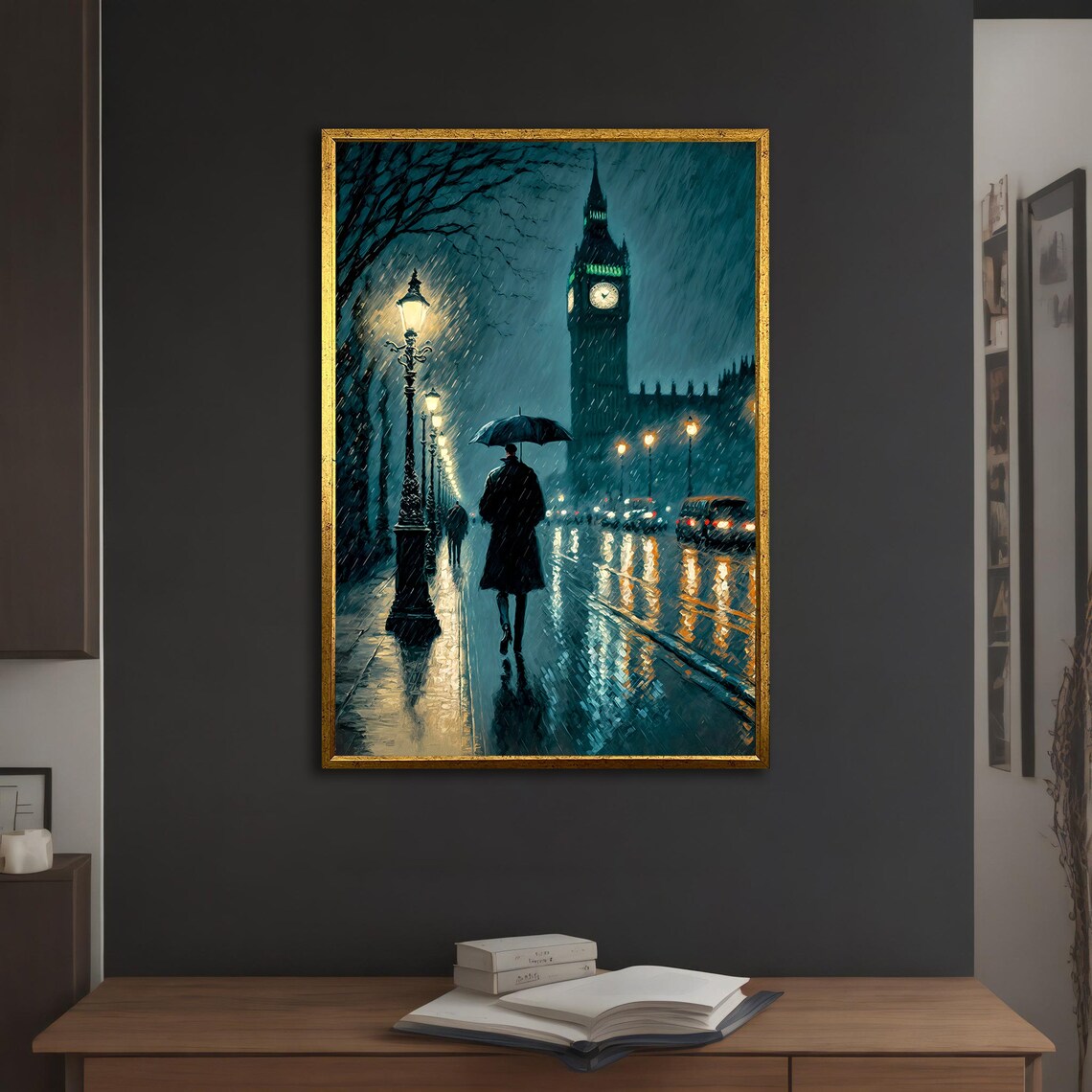 London Big Ben Rainy Night Umbrella Man Moody Street Travel Poster - Image 5