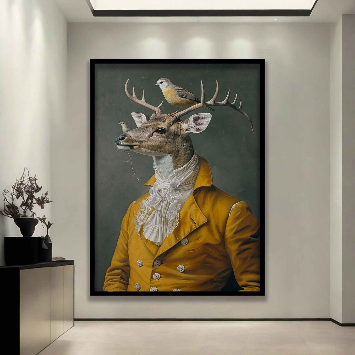 Noble Stag Profile Yellow Coat Lace Cravat Birds On Antlers Art Poster - Image 2