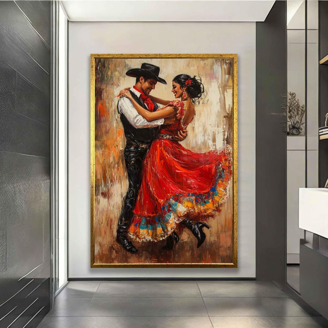 Passionate Tango Couple Cowboy Hat Red Dress Romantic Dance Art Wall Art - Image 2