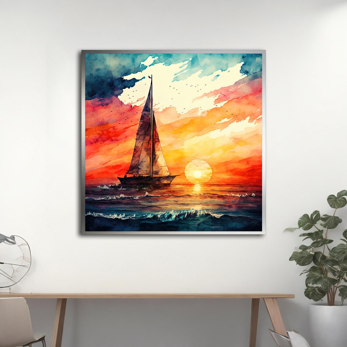 Sailboat Sunset Watercolor Vibrant Red Sky Ocean Sailing Poster - Image 4