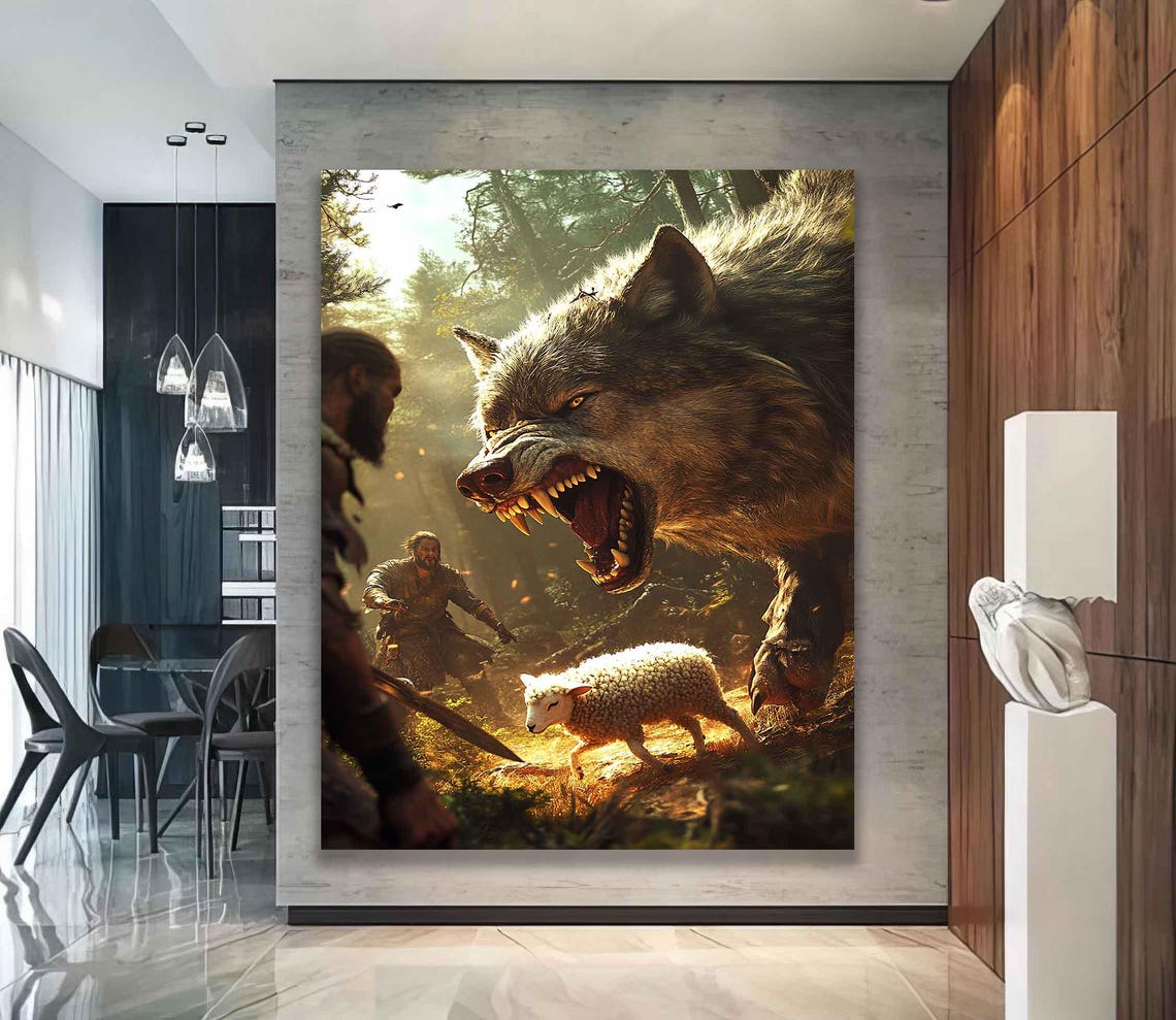 Jesus Rescuing Lamb From Giant Wolf Forest Christian Art Poster - Image 2