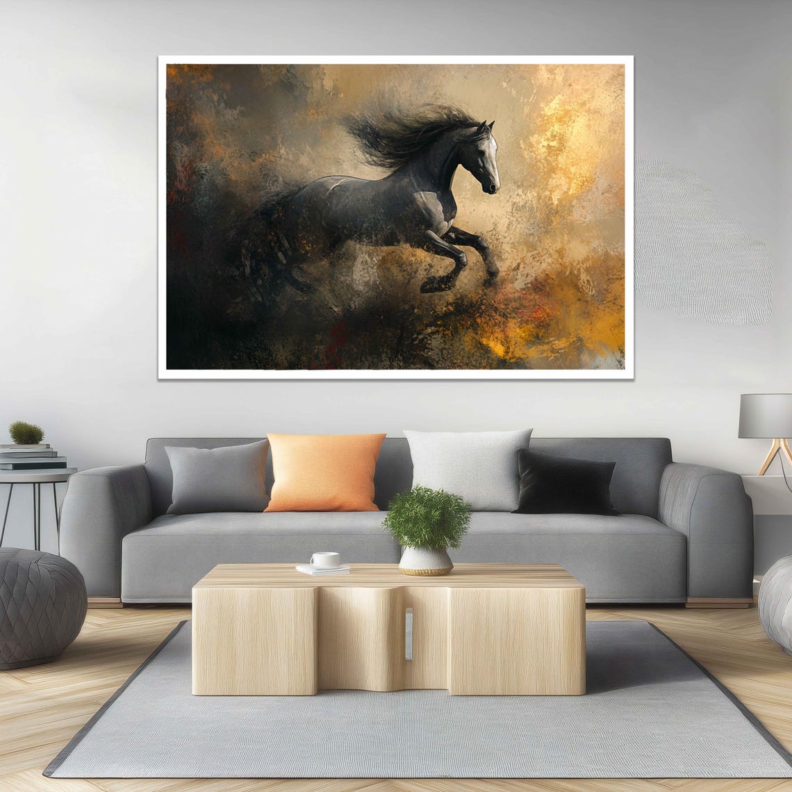Black Horse Galloping Through Golden Smoke Dramatic Dark Art Poster - Image 4