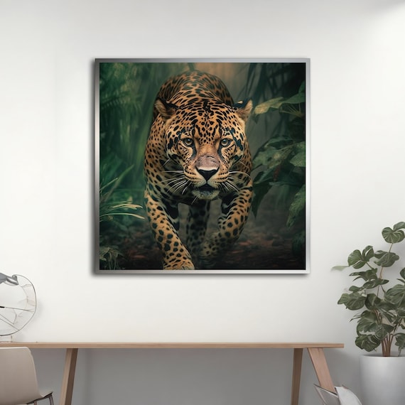Majestic Jaguar Emerging From Misty Green Jungle Foliage Art Poster