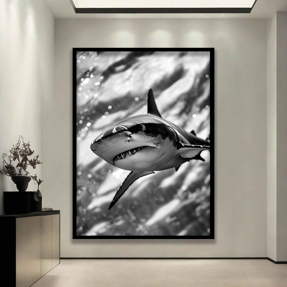 Great White Shark Black And White Underwater Portrait Ocean Wall Art - Image 3