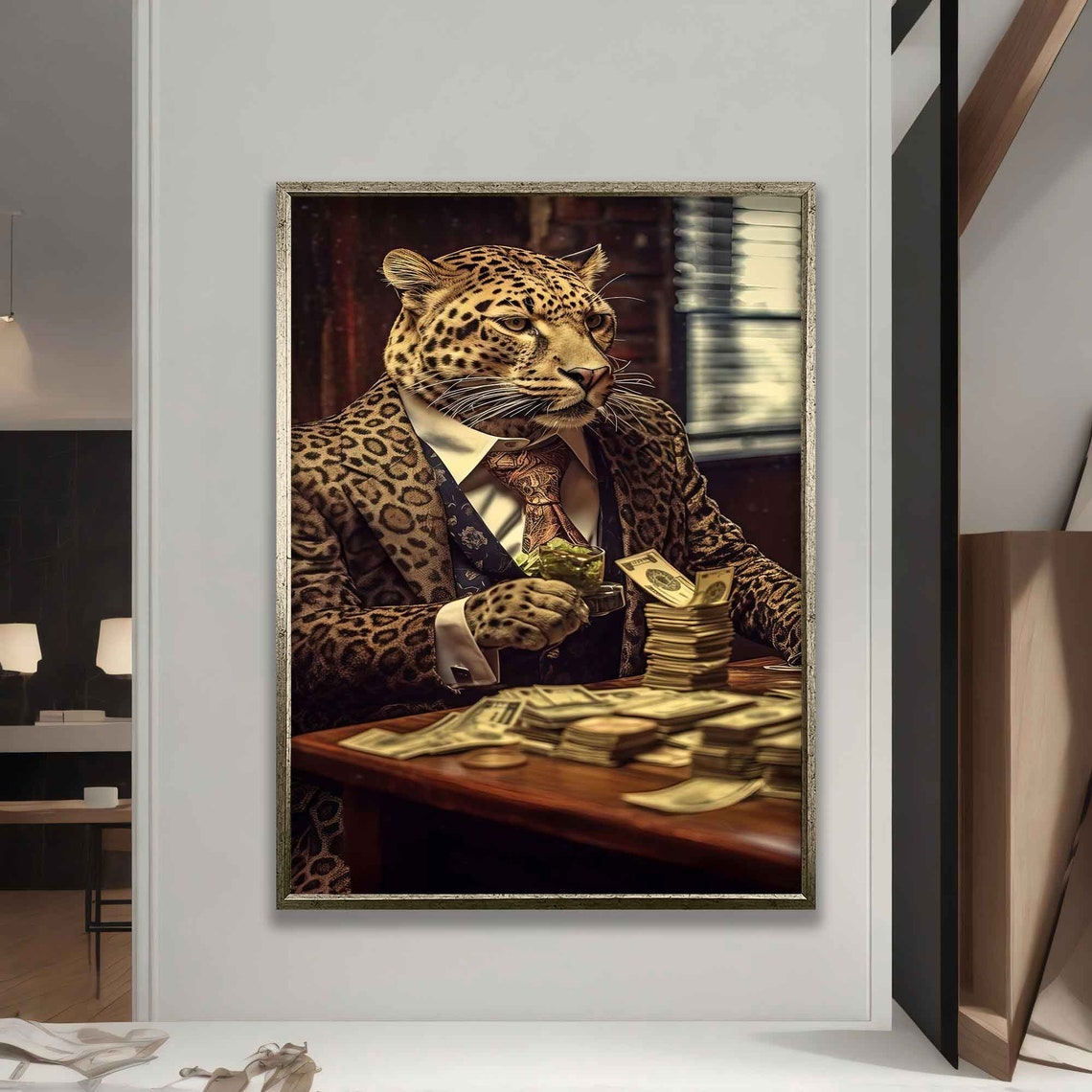 Dapper Leopard in Suit with Cash Money Stacks Funny Wall Poster - Image 5
