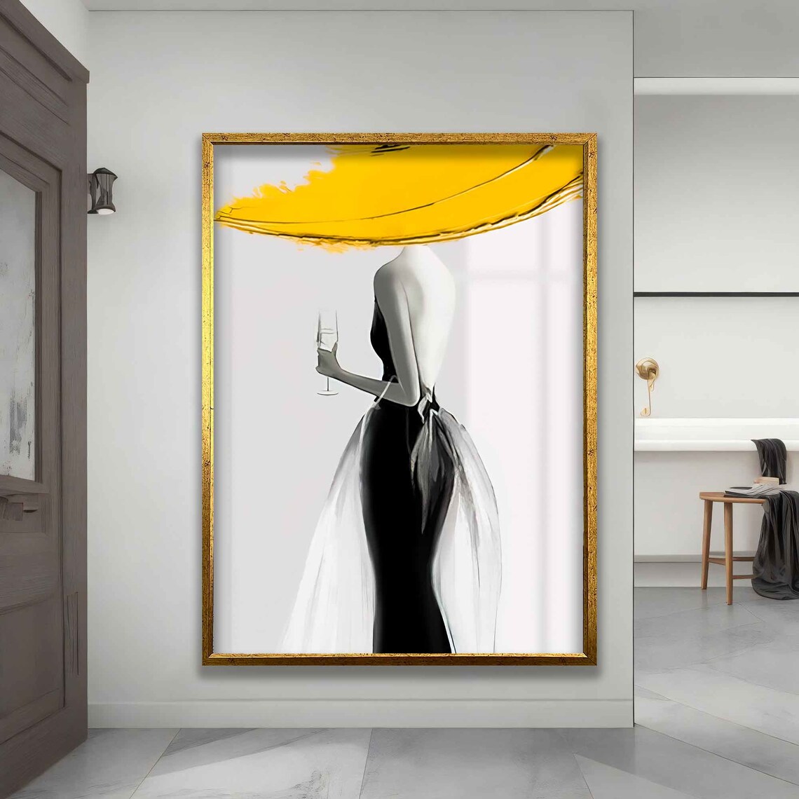 Silhouette Of Woman In Yellow Hat Painting Woman Drawing Art Woman In Hat Print - Image 3