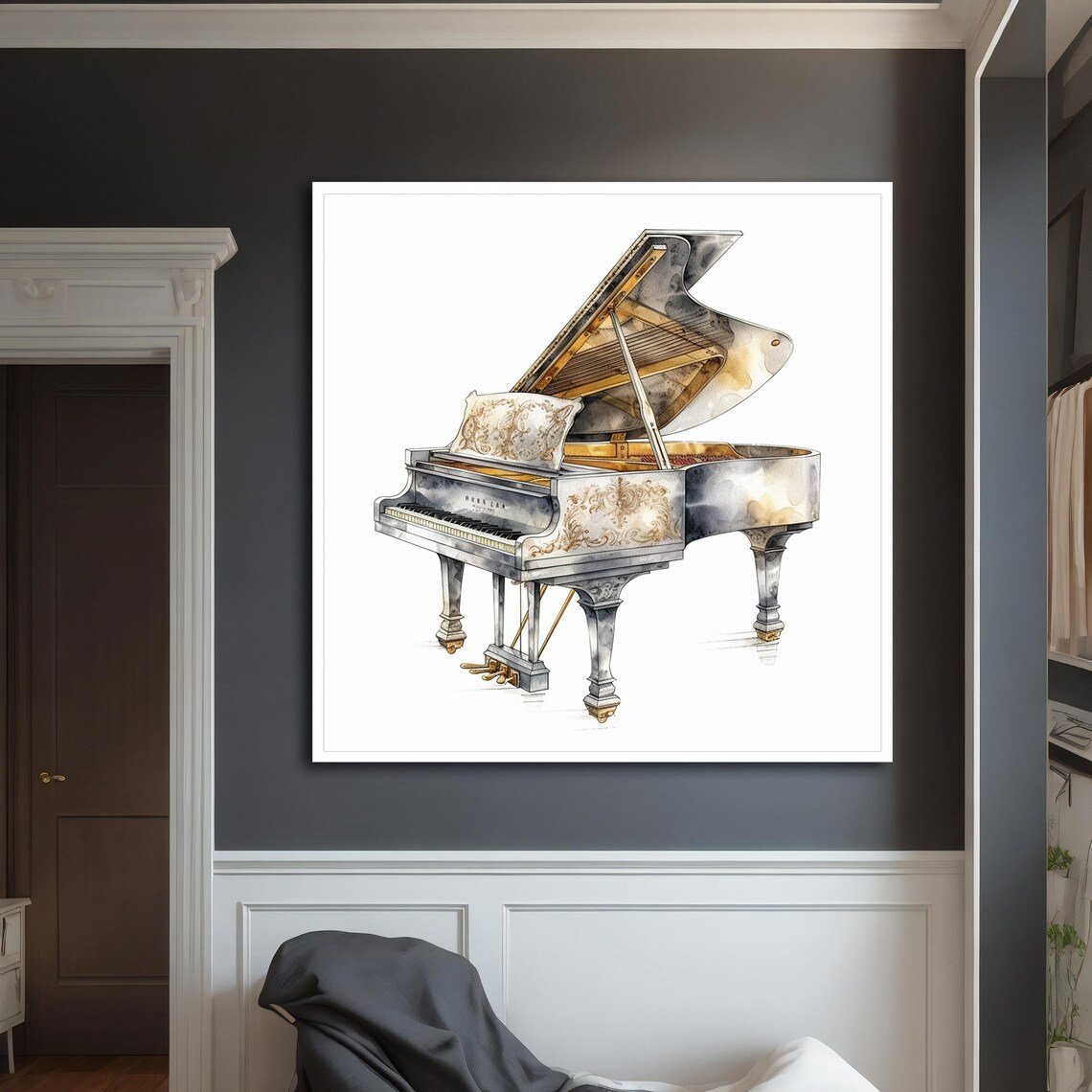 Elegant White Grand Piano Watercolor Gold Ornamental Music Art Print - Image 5