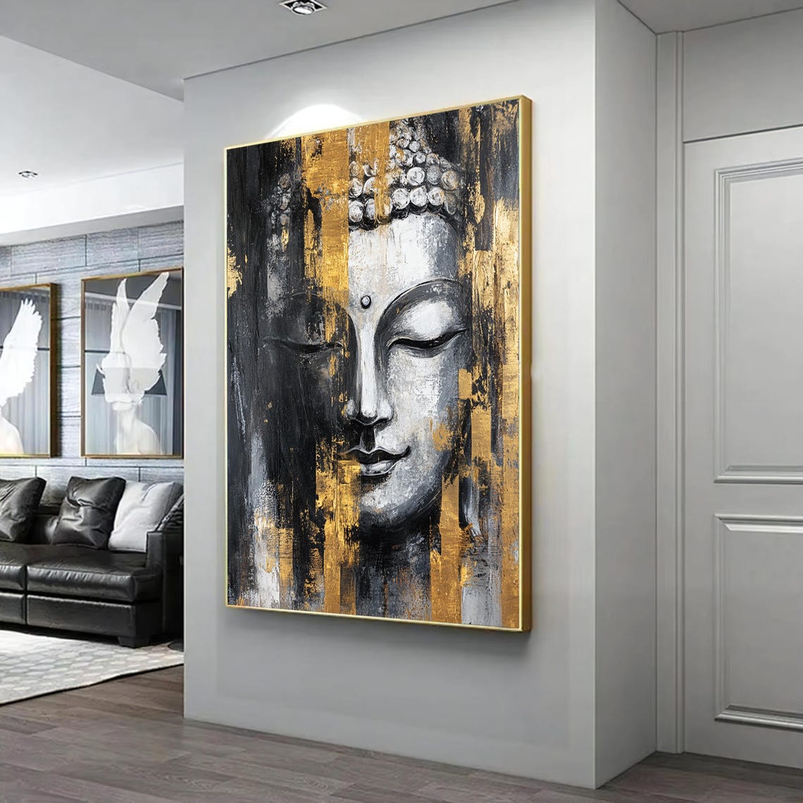 Split Buddha Face Black Gold White Textured Zen Meditation Art Poster