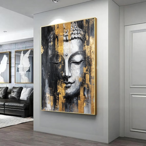 Split Buddha Face Black Gold White Textured Zen Meditation Art Poster