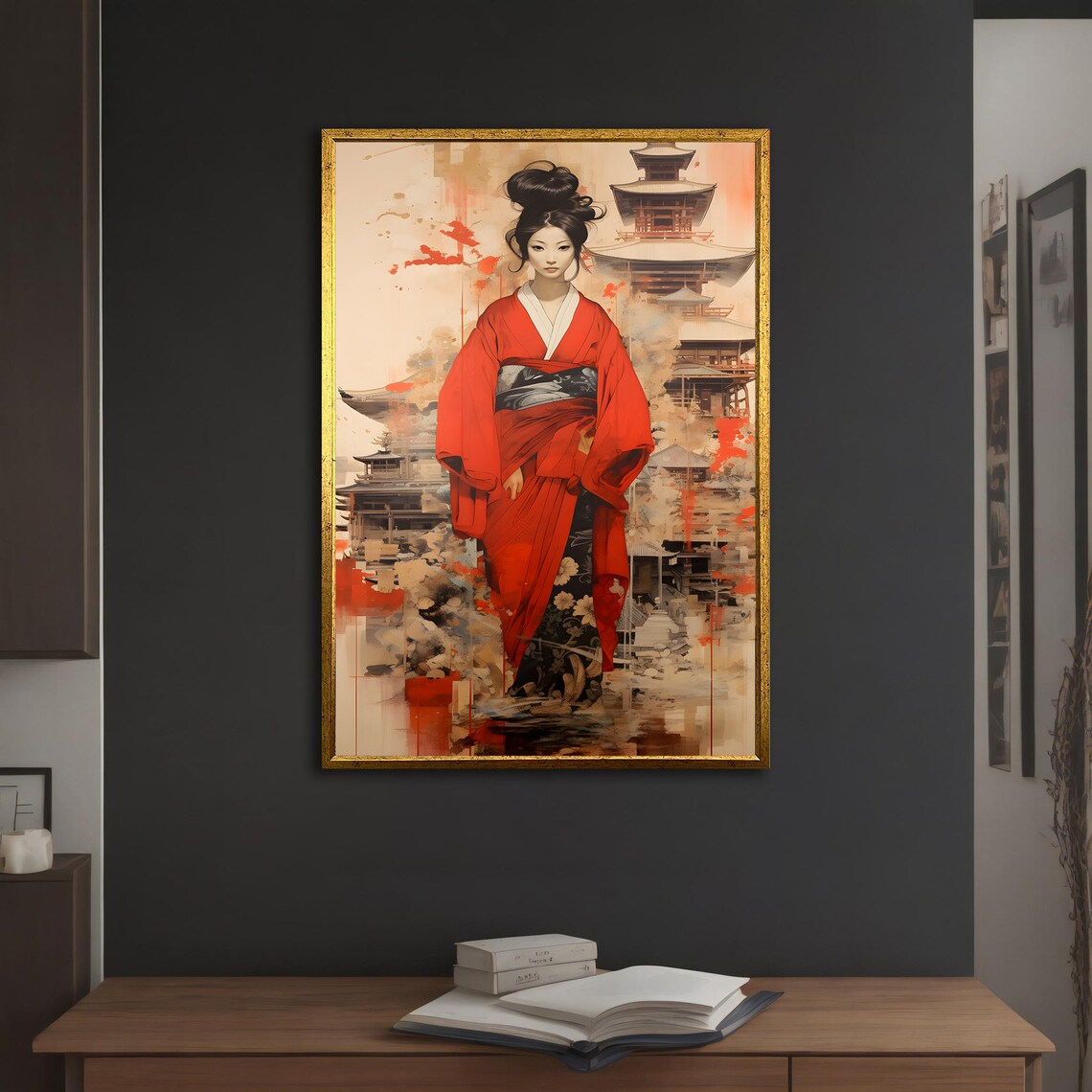 Japanese Geisha Red Kimono Pagoda Watercolor Traditional Art Poster - Image 5