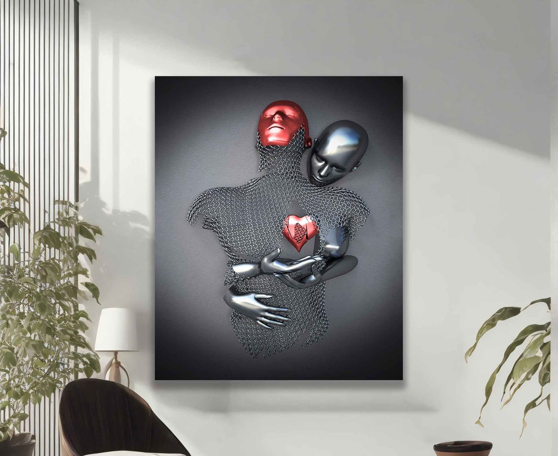 Red Heart Love Two Figures Chainmail Sculpture Couple Embrace Poster - Image 2