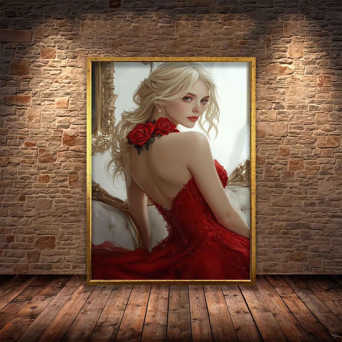Elegant Blonde Woman Red Roses Gown Mirror Glamour Portrait Art Poster - Image 2