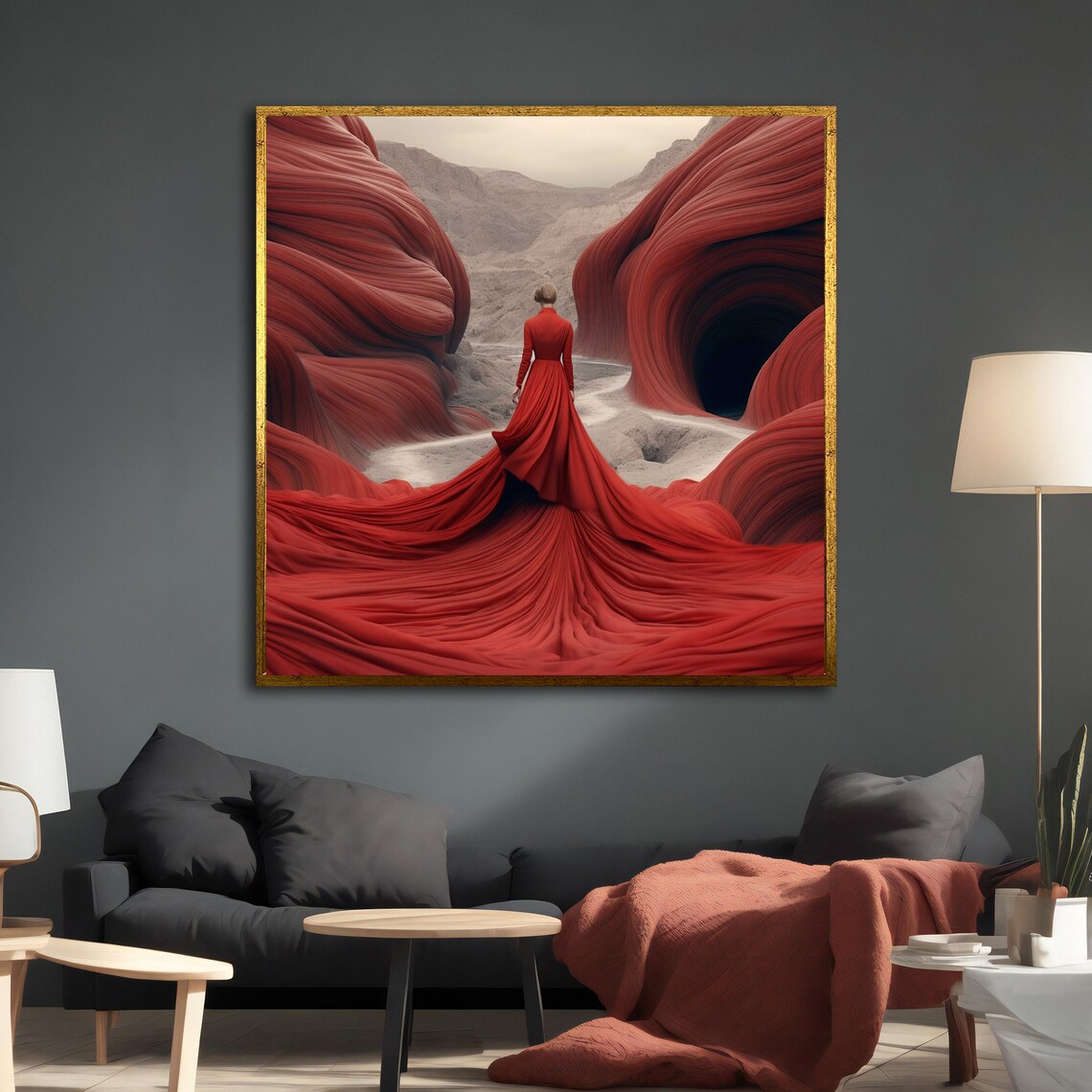 Woman Red Dress Surreal Flowing Red Canyon Desert Landscape Poster - Image 2