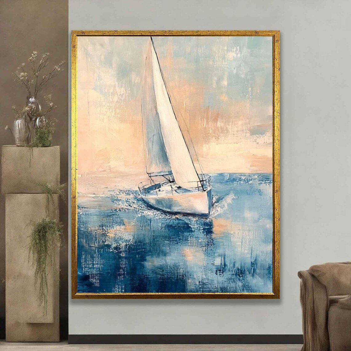 Sailboat Ocean Sunrise Pastel Oil Painting Modern Nautical Wall Art - Image 2