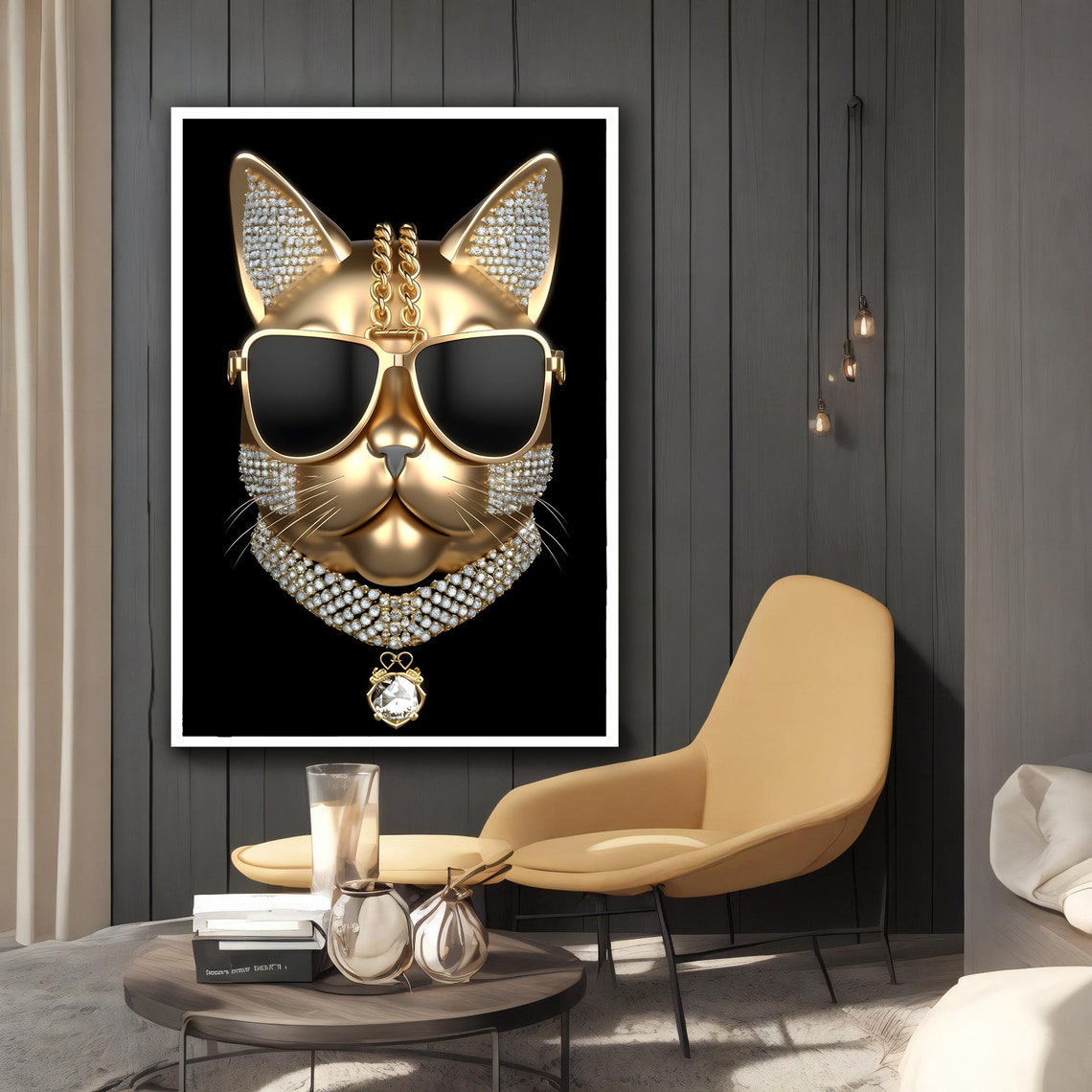 Golden Cat Wearing Sunglasses Diamond Collar Glamour Wall Art - Image 2