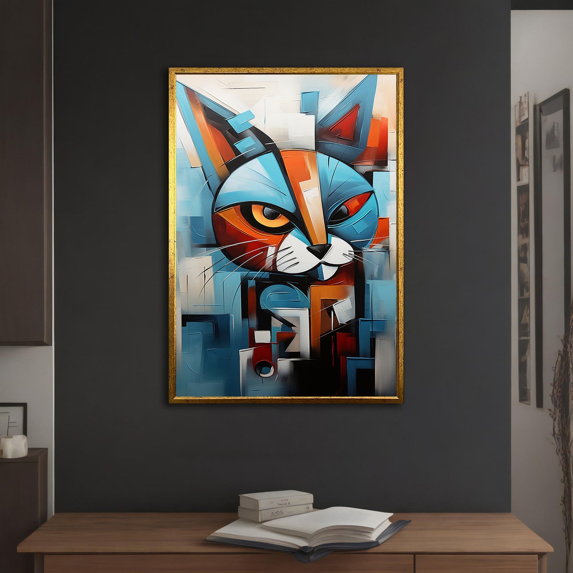 Cubist Blue Orange Cat Face Geometric Abstract Animal Art Poster - Image 5