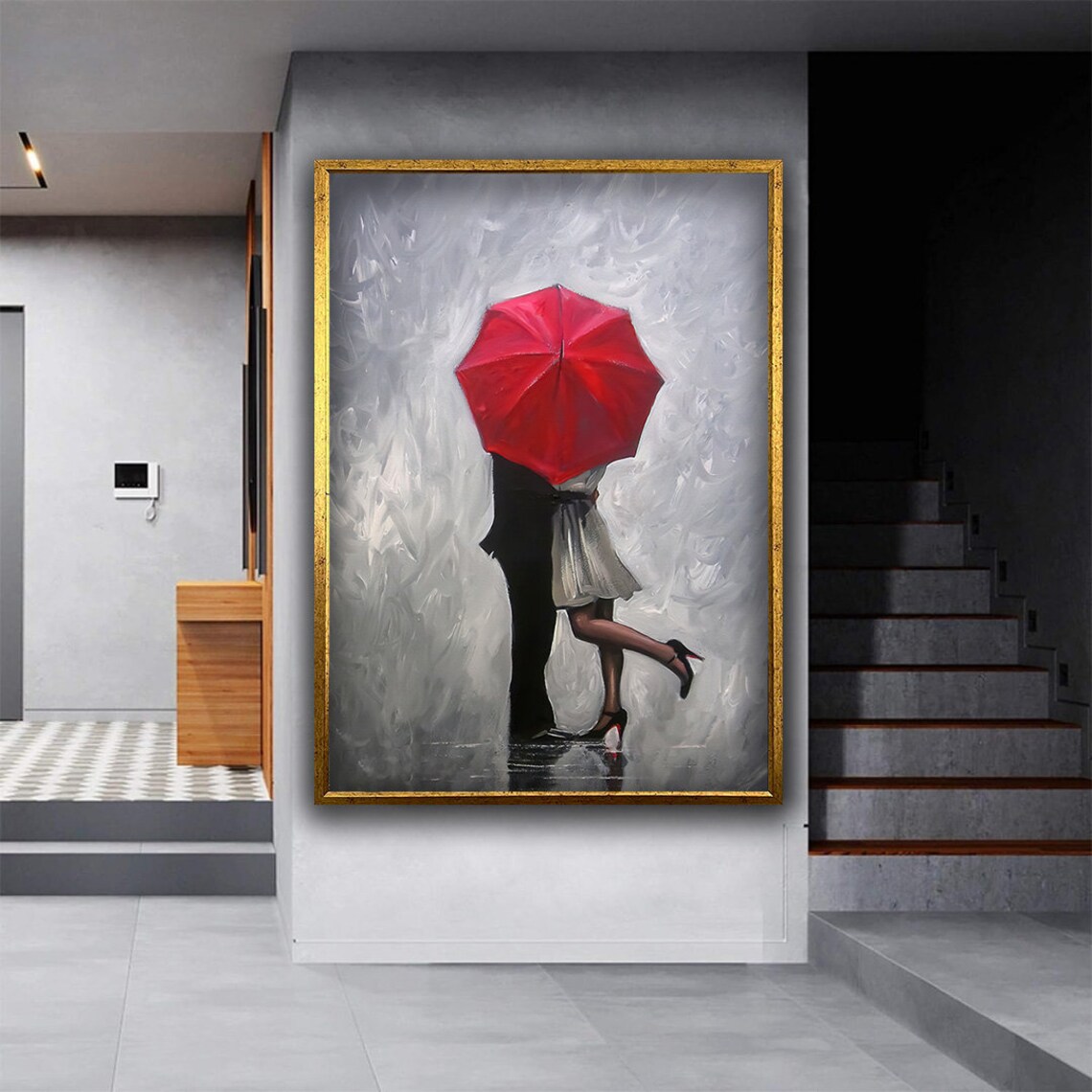 Couple Kissing Under Red Umbrella Romantic Rain Embrace Art Poster - Image 3