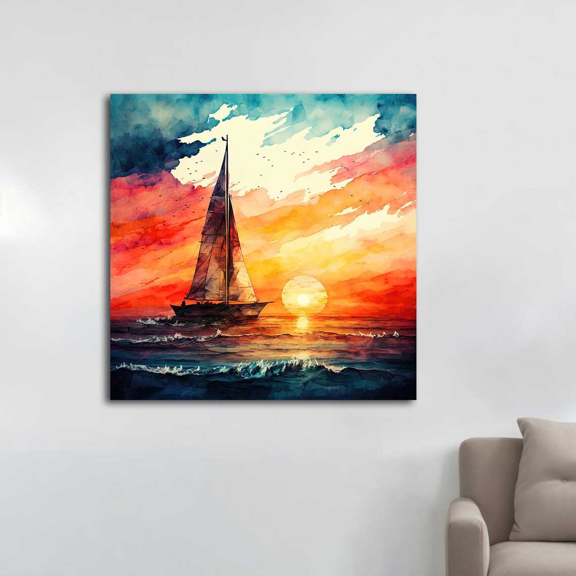 Sailboat Sunset Watercolor Vibrant Red Sky Ocean Sailing Poster - Image 5