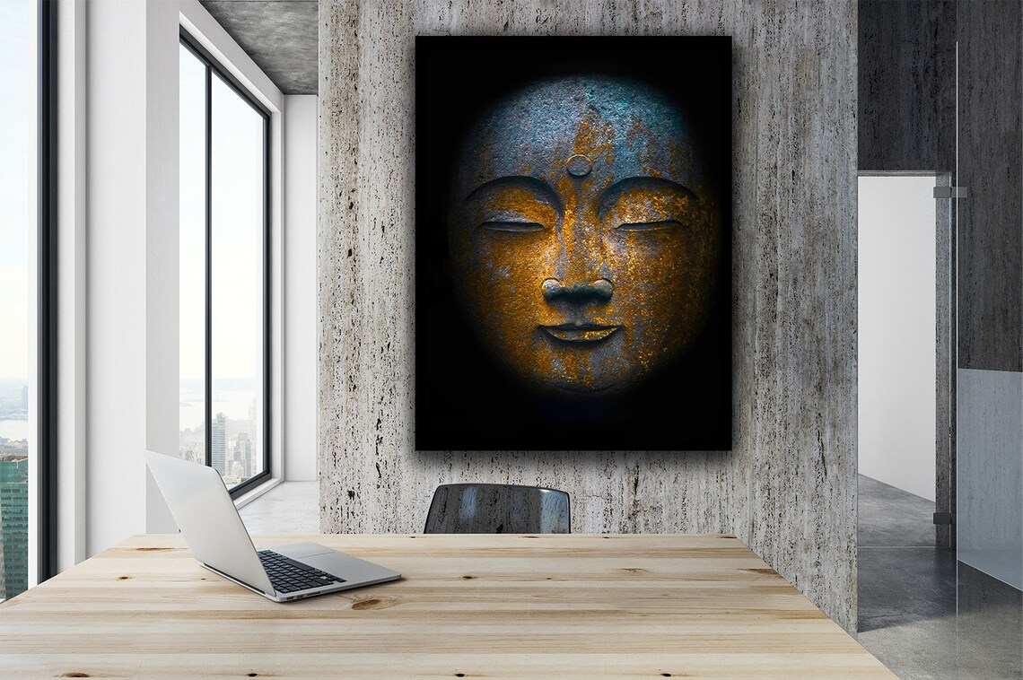 Ancient Bronze Buddha Head Close Up Black Background Zen Wall Art Poster - Image 2
