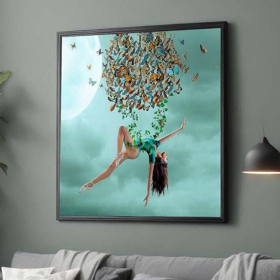 Woman Carried By Butterflies Wall Art Print On Surreal Decor Abstract Art Butterfly Wall Decoration Surrealism Painting