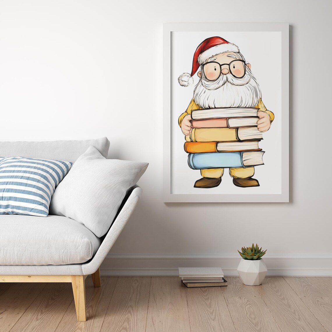 Cute Santa Claus Holding Stack Of Colorful Books Kids Poster - Image 2