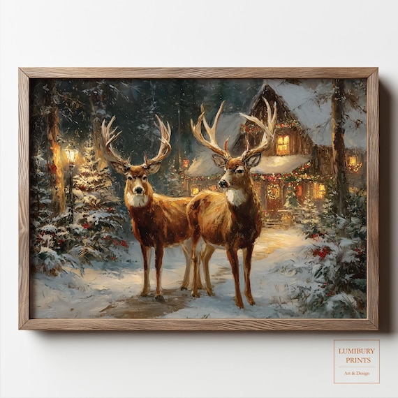 Two Stags Snowy Forest Lit Cabin Christmas Winter Wildlife Poster