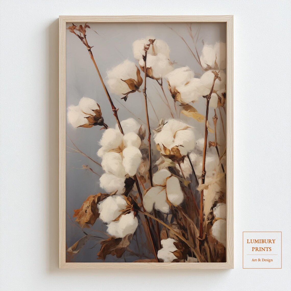 White Cotton Blooms on Cool Gray Blue Moody Floral Art Poster