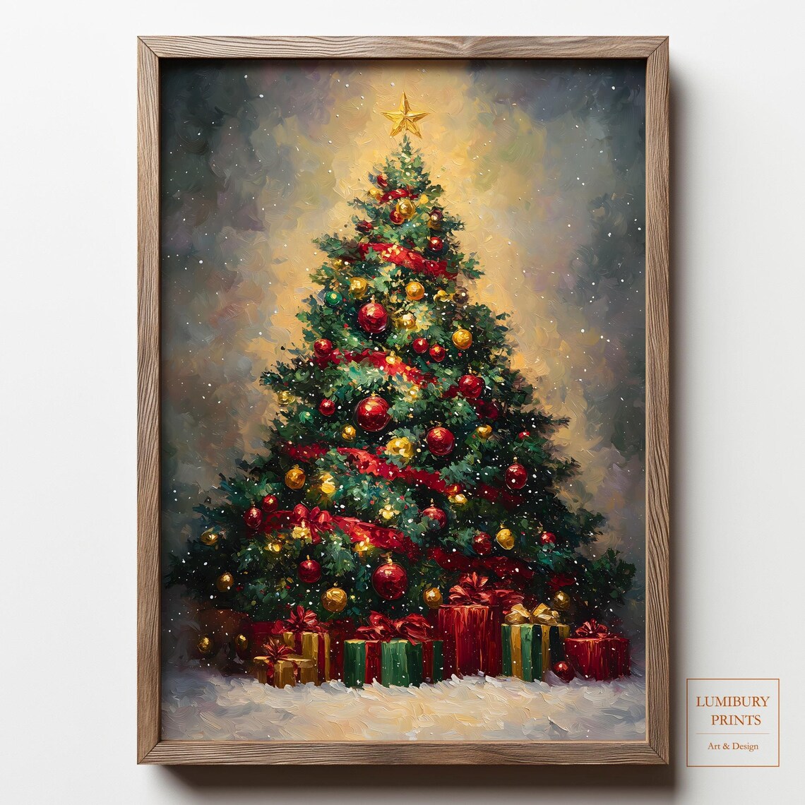 Christmas Tree With Gifts Snowy Star Festive Holiday Painting Wall Art