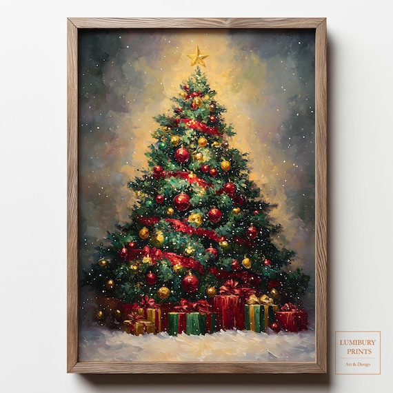 Christmas Tree With Gifts Snowy Star Festive Holiday Painting Wall Art