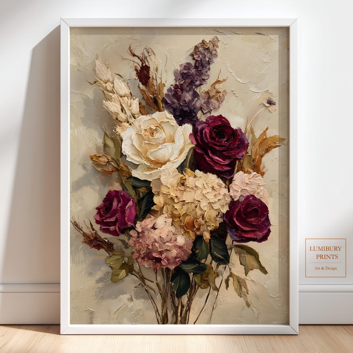 Moody Winter Floral Dried Botanical Rose Bouquet Oil Painting Print