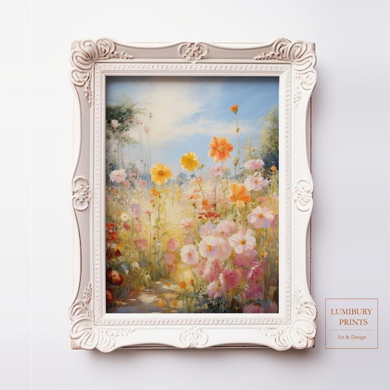 Cosmos Meadow Wildflowers Soft Painterly Ornate Frame Poster