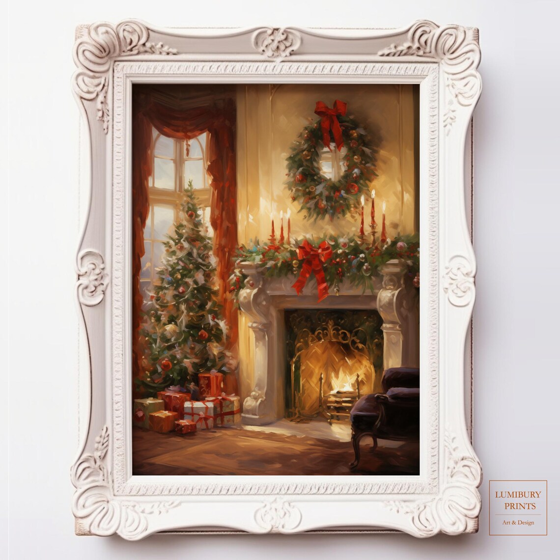 Christmas Fireplace With Tree And Gifts Cozy Vintage Oil Painting Poster